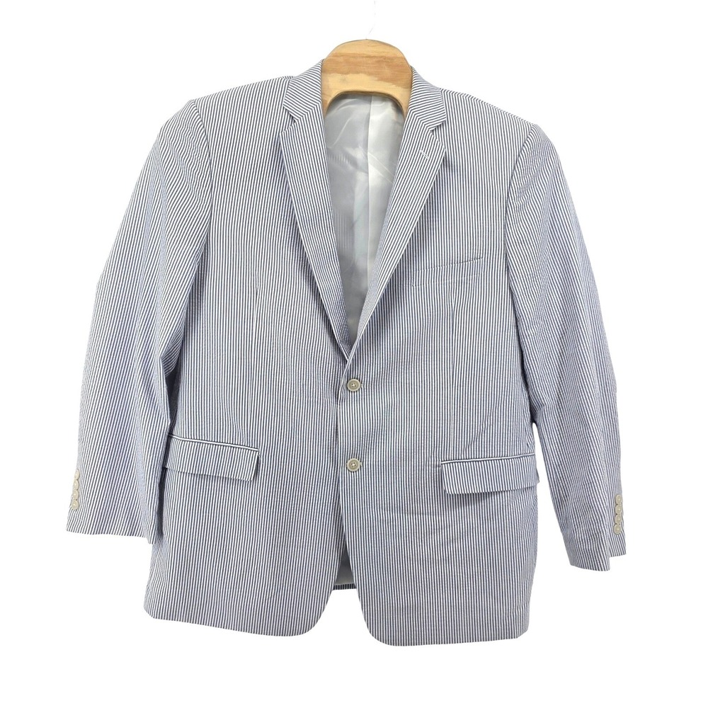 Saddlebred Mens 46L Seersucker Blazer Blue White Striped Cotton Sport Coat
